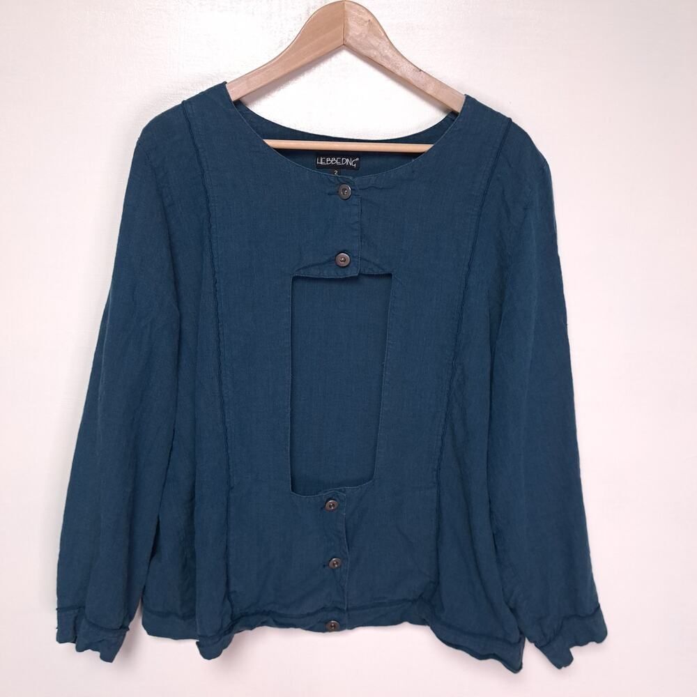 Hebbeding Teal Linen Blazer Large 2 Lagenlook Oversized Cutout Jacket European